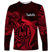 French Polynesia Tahiti Long Sleeve Shirt Polynesian Shark Tattoo With Hibiscus Red Version LT14 Unisex Red - Polynesian Pride