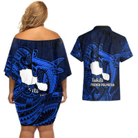 French Polynesia Tahiti Couples Matching Off Shoulder Short Dress and Hawaiian Shirt Polynesian Shark Tattoo With Hibiscus Blue Version LT14 - Polynesian Pride