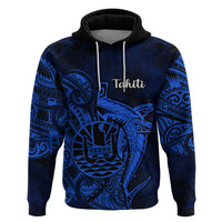 French Polynesia Tahiti Hoodie Polynesian Shark Tattoo With Hibiscus Blue Version LT14 Pullover Hoodie Blue - Polynesian Pride
