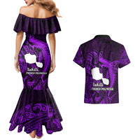 French Polynesia Tahiti Couples Matching Mermaid Dress and Hawaiian Shirt Polynesian Shark Tattoo With Hibiscus Purple Version LT14 - Polynesian Pride