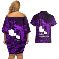 French Polynesia Tahiti Couples Matching Off Shoulder Short Dress and Hawaiian Shirt Polynesian Shark Tattoo With Hibiscus Purple Version LT14 - Polynesian Pride