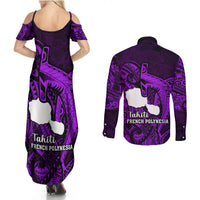 French Polynesia Tahiti Couples Matching Summer Maxi Dress and Long Sleeve Button Shirts Polynesian Shark Tattoo With Hibiscus Purple Version LT14 - Polynesian Pride
