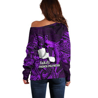 French Polynesia Tahiti Off Shoulder Sweater Polynesian Shark Tattoo With Hibiscus Purple Version LT14 - Polynesian Pride