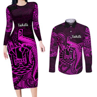 French Polynesia Tahiti Couples Matching Long Sleeve Bodycon Dress and Long Sleeve Button Shirts Polynesian Shark Tattoo With Hibiscus Pink Version LT14 Pink - Polynesian Pride
