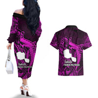 French Polynesia Tahiti Couples Matching Off The Shoulder Long Sleeve Dress and Hawaiian Shirt Polynesian Shark Tattoo With Hibiscus Pink Version LT14 - Polynesian Pride