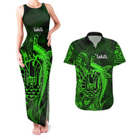 French Polynesia Tahiti Couples Matching Tank Maxi Dress and Hawaiian Shirt Polynesian Shark Tattoo With Hibiscus Green Version LT14 Green - Polynesian Pride