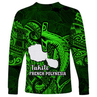 French Polynesia Tahiti Long Sleeve Shirt Polynesian Shark Tattoo With Hibiscus Green Version LT14 - Polynesian Pride