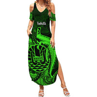 French Polynesia Tahiti Summer Maxi Dress Polynesian Shark Tattoo With Hibiscus Green Version LT14 Women Green - Polynesian Pride