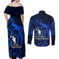 French Polynesia Bora Bora Couples Matching Off Shoulder Maxi Dress and Long Sleeve Button Shirts Polynesian Shark Tattoo With Hibiscus Blue Version LT14 - Polynesian Pride