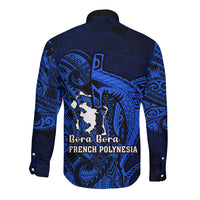 French Polynesia Bora Bora Long Sleeve Button Shirt Polynesian Shark Tattoo With Hibiscus Blue Version LT14 - Polynesian Pride