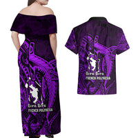 French Polynesia Bora Bora Couples Matching Off Shoulder Maxi Dress and Hawaiian Shirt Polynesian Shark Tattoo With Hibiscus Purple Version LT14 - Polynesian Pride