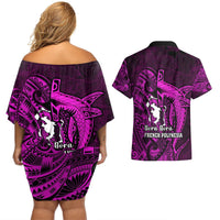 French Polynesia Bora Bora Couples Matching Off Shoulder Short Dress and Hawaiian Shirt Polynesian Shark Tattoo With Hibiscus Pink Version LT14 - Polynesian Pride