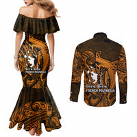 French Polynesia Bora Bora Couples Matching Mermaid Dress and Long Sleeve Button Shirts Polynesian Shark Tattoo With Hibiscus Red Version LT14 - Polynesian Pride