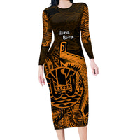 French Polynesia Bora Bora Long Sleeve Bodycon Dress Polynesian Shark Tattoo With Hibiscus Red Version LT14 Long Dress Gold - Polynesian Pride
