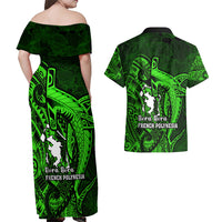 French Polynesia Bora Bora Couples Matching Off Shoulder Maxi Dress and Hawaiian Shirt Polynesian Shark Tattoo With Hibiscus Green Version LT14 - Polynesian Pride