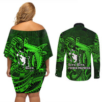 French Polynesia Bora Bora Couples Matching Off Shoulder Short Dress and Long Sleeve Button Shirts Polynesian Shark Tattoo With Hibiscus Green Version LT14 - Polynesian Pride