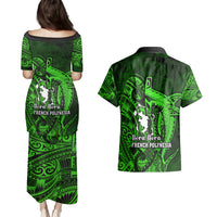 French Polynesia Bora Bora Couples Matching Puletasi Dress and Hawaiian Shirt Polynesian Shark Tattoo With Hibiscus Green Version LT14 - Polynesian Pride