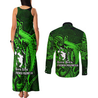 French Polynesia Bora Bora Couples Matching Tank Maxi Dress and Long Sleeve Button Shirts Polynesian Shark Tattoo With Hibiscus Green Version LT14 - Polynesian Pride