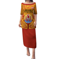 Personalised French Polynesia Puletasi Coat Of Arms With Polynesian Plumeria LT14 Long Dress Red - Polynesian Pride