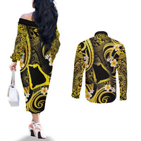 Tokelau Atafu Atoll Couples Matching Off The Shoulder Long Sleeve Dress and Long Sleeve Button Shirt Polynesian Tattoo Plumeria With Map