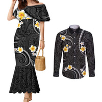 Black And Gray Couples Matching Mermaid Dress and Long Sleeve Button Shirt Curves Polynesian Tattoo Mix Plumeria Flowers