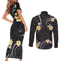 Black And Gray Couples Matching Short Sleeve Bodycon Dress and Long Sleeve Button Shirt Curves Polynesian Tattoo Mix Plumeria Flowers