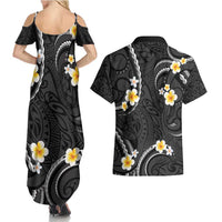 Black And Gray Couples Matching Summer Maxi Dress and Hawaiian Shirt Curves Polynesian Tattoo Mix Plumeria Flowers
