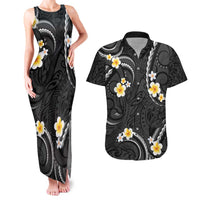 Black And Gray Couples Matching Tank Maxi Dress and Hawaiian Shirt Curves Polynesian Tattoo Mix Plumeria Flowers