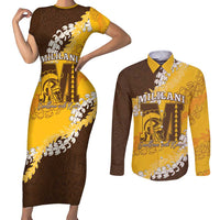 Personalized Mililani Hawaii High School Couples Matching Short Sleeve Bodycon Dress and Long Sleeve Button Shirt Puakenikeni Lei Hawaiian Pattern LT14 Yellow - Polynesian Pride