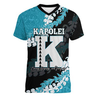 Personalized Kapolei Hawaii High School Women V-Neck T-Shirt Puakenikeni Lei Hawaiian Pattern LT14 Female Teal - Polynesian Pride