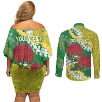 Personalized Leilehua Hawaii High School Couples Matching Off Shoulder Short Dress and Long Sleeve Button Shirt Puakenikeni Lei Hawaiian Pattern - Polynesian Pride