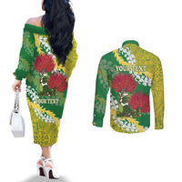 Personalized Leilehua Hawaii High School Couples Matching Off The Shoulder Long Sleeve Dress and Long Sleeve Button Shirt Puakenikeni Lei Hawaiian Pattern - Polynesian Pride