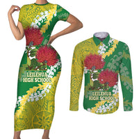 Personalized Leilehua Hawaii High School Couples Matching Short Sleeve Bodycon Dress and Long Sleeve Button Shirt Puakenikeni Lei Hawaiian Pattern LT14 Green - Polynesian Pride