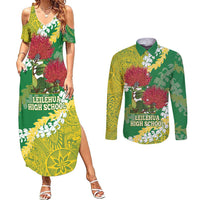 Personalized Leilehua Hawaii High School Couples Matching Summer Maxi Dress and Long Sleeve Button Shirt Puakenikeni Lei Hawaiian Pattern LT14 Green - Polynesian Pride