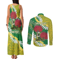 Personalized Leilehua Hawaii High School Couples Matching Tank Maxi Dress and Long Sleeve Button Shirt Puakenikeni Lei Hawaiian Pattern - Polynesian Pride