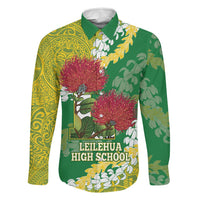 Personalized Leilehua Hawaii High School Family Matching Off Shoulder Maxi Dress and Hawaiian Shirt Puakenikeni Lei Hawaiian Pattern LT14 Dad's Shirt - Long Sleeve Green - Polynesian Pride