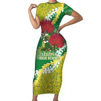 Personalized Leilehua Hawaii High School Short Sleeve Bodycon Dress Puakenikeni Lei Hawaiian Pattern LT14 Long Dress Green - Polynesian Pride