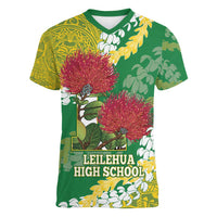 Personalized Leilehua Hawaii High School Women V-Neck T-Shirt Puakenikeni Lei Hawaiian Pattern LT14 Female Green - Polynesian Pride