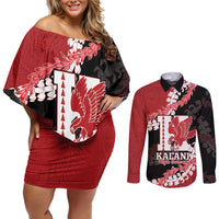 Personalized Kalani Hawaii High School Couples Matching Off Shoulder Short Dress and Long Sleeve Button Shirt Puakenikeni Lei Hawaiian Pattern - Polynesian Pride