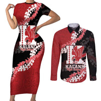 Personalized Kalani Hawaii High School Couples Matching Short Sleeve Bodycon Dress and Long Sleeve Button Shirt Puakenikeni Lei Hawaiian Pattern LT14 Red - Polynesian Pride