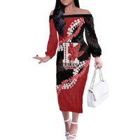 Personalized Kalani Hawaii High School Family Matching Off The Shoulder Long Sleeve Dress and Hawaiian Shirt Puakenikeni Lei Hawaiian Pattern LT14 Mom's Dress Red - Polynesian Pride