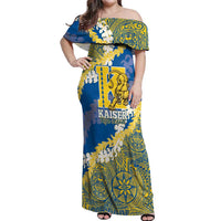Personalized Kaiser Hawaii High School Off Shoulder Maxi Dress Puakenikeni Lei Hawaiian Pattern LT14 Women Blue - Polynesian Pride