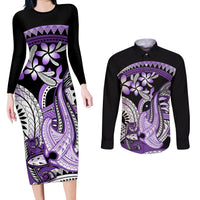 Purple Polynesian Couples Matching Long Sleeve Bodycon Dress and Long Sleeve Button Shirt Hammerhead Shark Tattoo Royal Plumeria Gradient Vibes LT14 Purple - Polynesian Pride