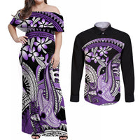 Purple Polynesian Couples Matching Off Shoulder Maxi Dress and Long Sleeve Button Shirt Hammerhead Shark Tattoo Royal Plumeria Gradient Vibes LT14 Purple - Polynesian Pride