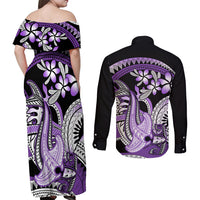 Purple Polynesian Couples Matching Off Shoulder Maxi Dress and Long Sleeve Button Shirt Hammerhead Shark Tattoo Royal Plumeria Gradient Vibes LT14 - Polynesian Pride