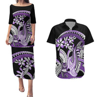 Purple Polynesian Couples Matching Puletasi and Hawaiian Shirt Hammerhead Shark Tattoo Royal Plumeria Gradient Vibes LT14 Purple - Polynesian Pride