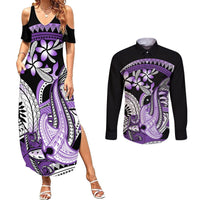 Purple Polynesian Couples Matching Summer Maxi Dress and Long Sleeve Button Shirt Hammerhead Shark Tattoo Royal Plumeria Gradient Vibes LT14 Purple - Polynesian Pride