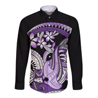 Purple Polynesian Long Sleeve Button Shirt Hammerhead Shark Tattoo Royal Plumeria Gradient Vibes LT14 Unisex Purple - Polynesian Pride