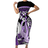 Purple Polynesian Short Sleeve Bodycon Dress Hammerhead Shark Tattoo Royal Plumeria Gradient Vibes LT14 Long Dress Purple - Polynesian Pride