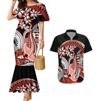 Red Polynesian Couples Matching Mermaid Dress and Hawaiian Shirt Hammerhead Shark Tattoo Royal Plumeria Gradient Vibes LT14 Red - Polynesian Pride